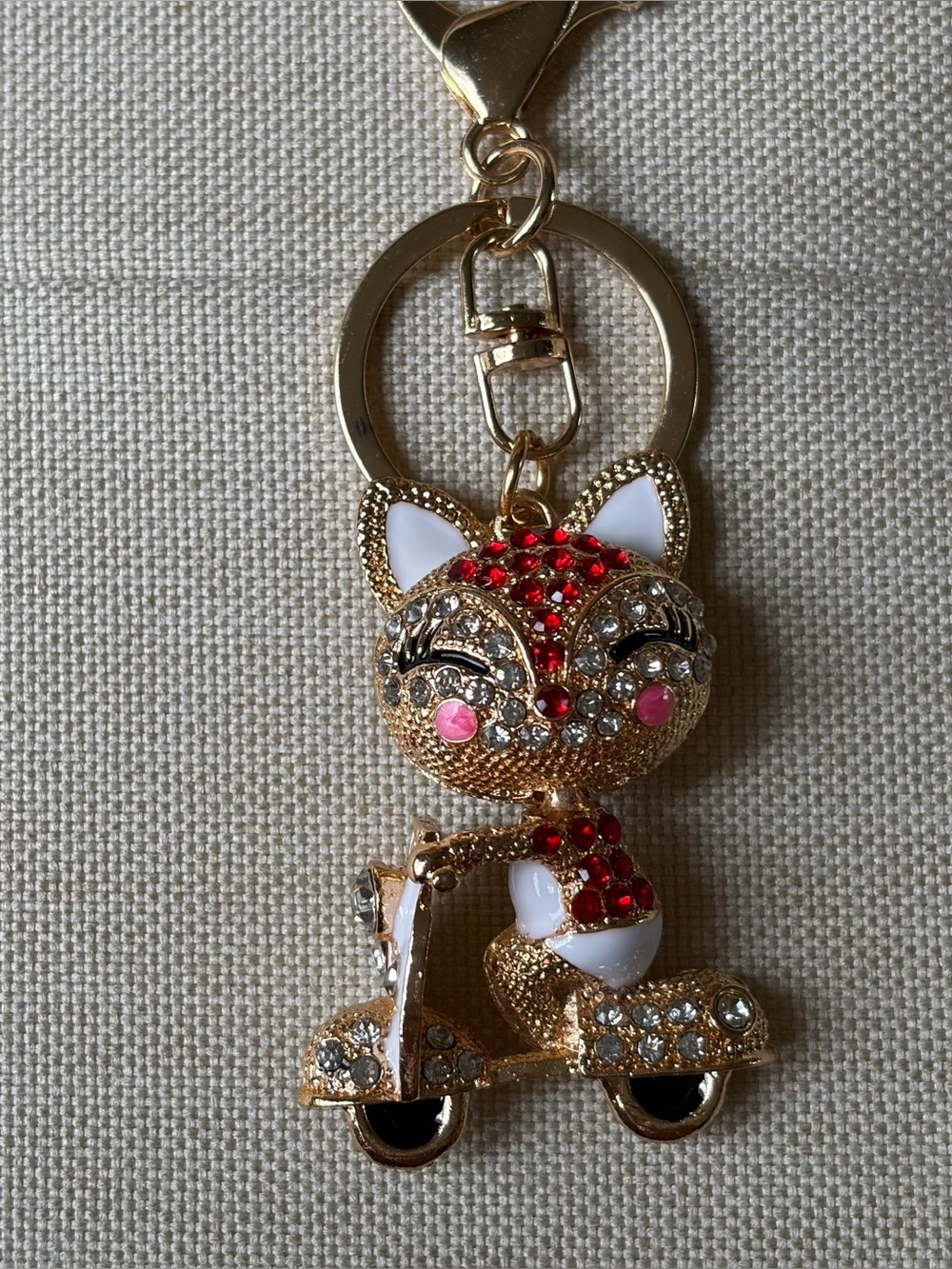 Gold-tone Crystal Cat Keychain Charm